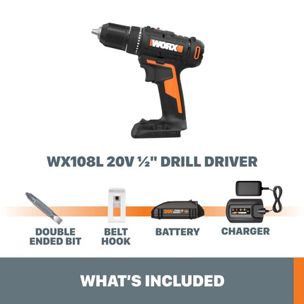 Perceuse-visseuse sans fil Worx WX108L 20V 1/2" Power Share - (Batteries et chargeur inclus)