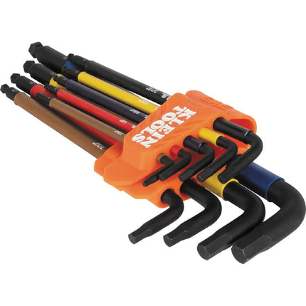 KLEIN TOOLS BLS9 9-Piece Extra-Long Hex Key Set, SAE Color-Coded L Style Ball-End Keys with Caddy, Heat-Treated, Sizes 7/64-Inch to 3/8-Inch
