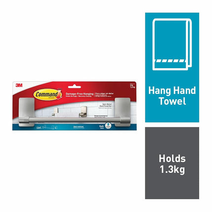 Command Hand Towel Bar, Satin Nickel Finish and 4 Water-Resistant Strips