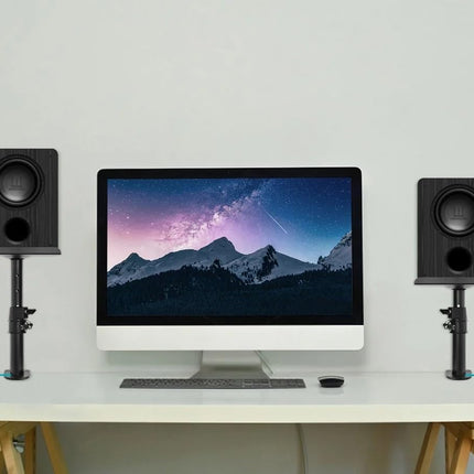 Monoprice Universal Clamp-On Desktop Speaker Mounts Pair Height-Adjustable 9 x 9 inch Tray, Fits Most Bookshelf Studio Monitor Speakers