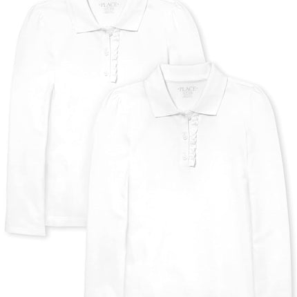 The Children's Place girls Uniform Long Sleeve Ruffle Pique Polo 2-pack Shirt, White 2 Pack, X-Small US