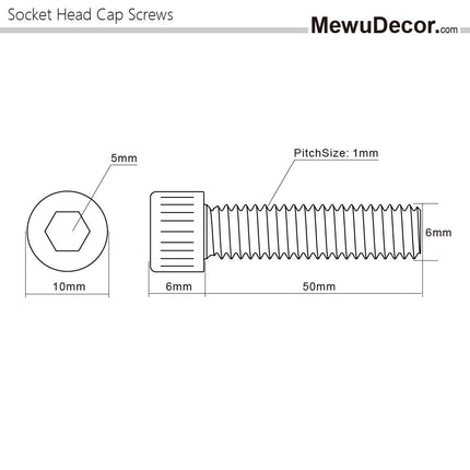 MewuDecor M6-1.0 x 50mm Socket Head Cap Screws Metric, Allen Socket Drive, Stainless Steel 18-8 (304), Full Thread, Bright Finish, Machine Thread, 10 PCS