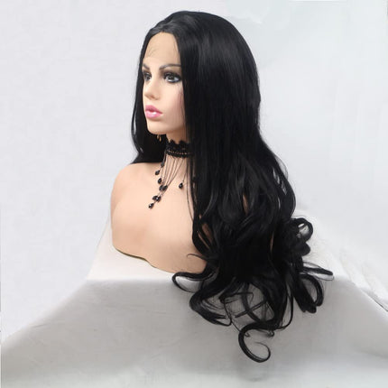 Xiweiya 1B Black Wigs Long Body Wavy Synthetic 12×1 T Part Synthetic Lace Front Wig Dark Black Soft Natural Hair Replacement Full Wig Heat Resistant Fiber For Women 24 inch