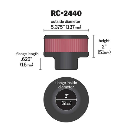 K&N Universal Clamp-On Air Filter: High Performance, Premium, Washable, Replacement Engine Filter: Flange Diameter: 2 In, Filter Height: 2 In, Flange Length: 0.625 In, Shape: Round, RC-2440