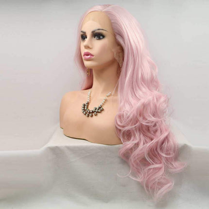 Xiweiya Long Pink Wavy Wig Synthetic Pink Wavy Lace Front Wigs Middle Part Wig Long Soft Wig Hair Replacement Wig for Women, Drag Queen Makeup 24 inch