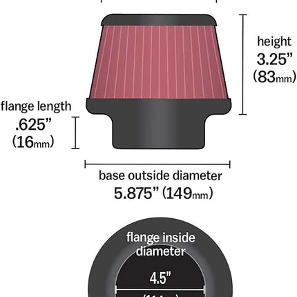 K&N Universal Clamp-On Air Filter: High Performance, Premium, Replacement Engine Filter: Flange Diameter: 4.5 In, Filter Height: 3.25 In, Flange Length: 0.625 In, Shape: Round Tapered, RU-3110
