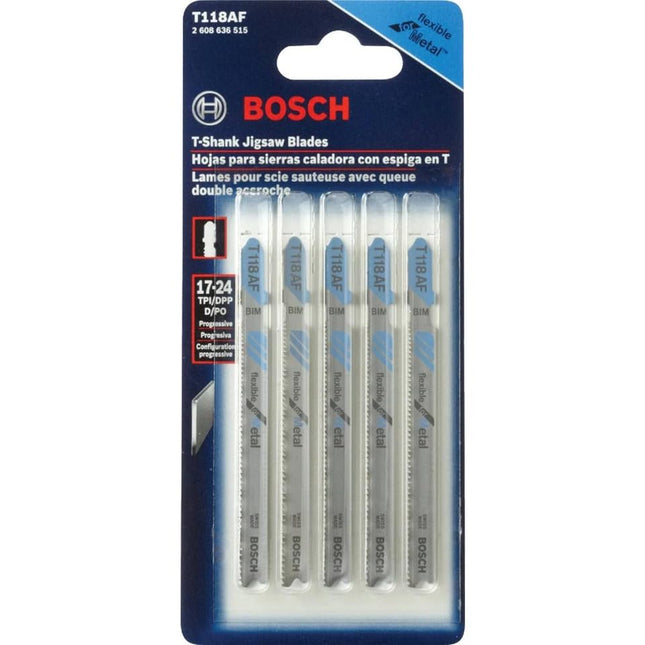 Bosch T118AF 5-Piece 3-5/8 in. 17-24 TPI Flexible for Metal T-Shank Jig Saw Blades
