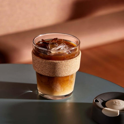 KeepCup Brew Cork, Reusable Tempered Glass Coffee Cup with Recovered Cork Band and Splashproof Lid, Barista Standard, BPA Free, Dishwasher Safe, 340ml 12oz Press