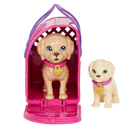 Barbie Doll and Accessories Pup Adoption Playset with Brunette Doll in Purple, 2 Puppies, Color-Change Animal and Pee Pad, Working Carrier and 10 Pieces