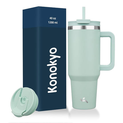 Konokyo 40 oz Tumbler with Handle and 2 Straws,2 in 1 Lid Insulated Water Bottle Stainless Steel Travel Coffee Mug,Retro Green