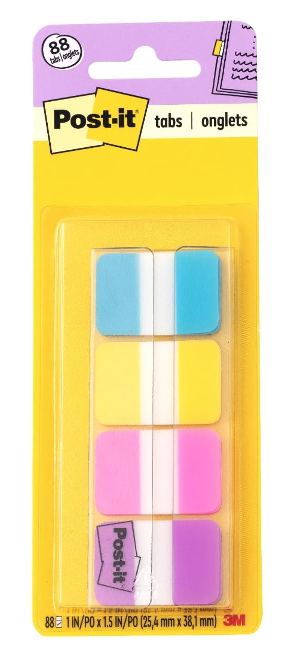 Post-it Tabs, 1-Inch Solid, Aqua, Yellow, Pink, Vi