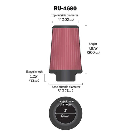 K&N Universal Conical Air Filter 76mm flange, 127mm base, 102mm top, 200mm height (RU-4690)