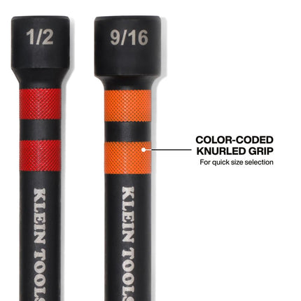 Klein Tools 32940 SAE Magnetic Hollow Impact Nut Drivers Set, 6-Piece Color Coded Hollow Power Nut Driver with Extended Reach, 6 SAE Sizes