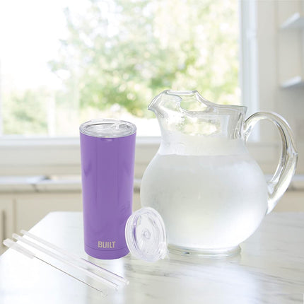 BUILT Double Walled Stainless Steel Tumbler Set with Replacement Lid, 2 Reusable Tritan Wire Straw Cleaning Brush in Gift Box, 1 Count (Pack of 1), Amethyst