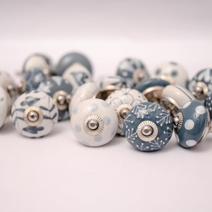 JGARTS - 20 x Hand Painted Ceramic Cabinet Drawer Knobs Grey and Cream White
