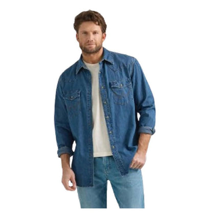 Wrangler Men's Denim Collection Snap Shirt, Dark Wash Denim, XL