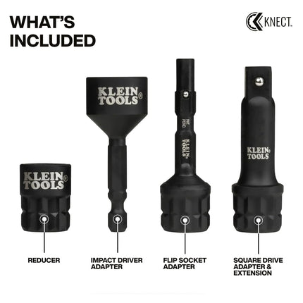 Klein Tools 65KADPM KNECT (M) Impact Socket Adapter Set, 4 Adapters for 3/8-Inch Drive Tools, Flip Sockets and Impact Drivers, Compatible with KNECT (S) and (M) Systems