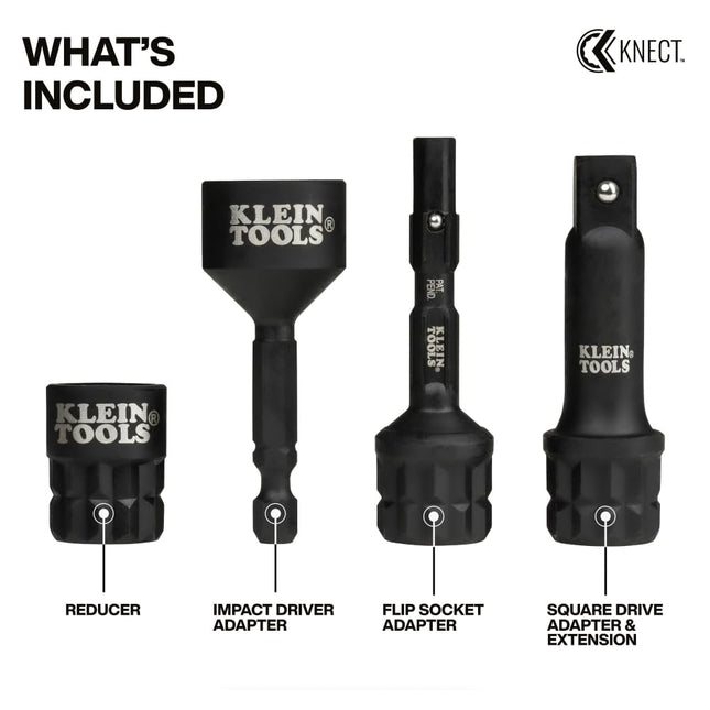 Klein Tools 65KADPM KNECT (M) Impact Socket Adapter Set, 4 Adapters for 3/8-Inch Drive Tools, Flip Sockets and Impact Drivers, Compatible with KNECT (S) and (M) Systems