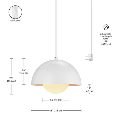 Globe Electric Amelia 1-Light Plug-in Pendant Lighting, Matte White, White Glass Shade