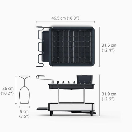 Joseph Joseph Excel - Steel 2-Tier Stainless-Steel Dish Rack for Kitchen Counter, Washing up Drainer with draining spout, Movable Cutlery Drainer, Wine-Glass Holder