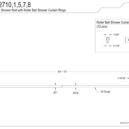 Kingston Brass SCC2717 Edenscape Barra de Cortina de Ducha Ajustable de Acero Inoxidable de 60"-72" con Anillas, Latón Cepillado