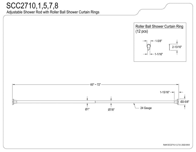 Kingston Brass SCC2717 Edenscape 60"-72" Stainless Steel Adjustable Tension Shower Curtain Rod with Rings, Brushed Brass