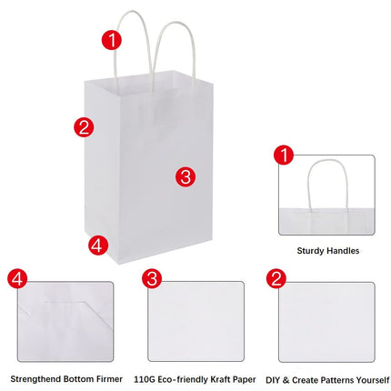 Oikss 100 Pack 5.25x3.25x8.25 Inch Small Kraft Bags with Handles Bulk, Paper Bags Birthday Wedding Party Favors Grocery Retail Shopping Business Goody Craft Gift Bags Cub Sacks (White 100PCS Count)