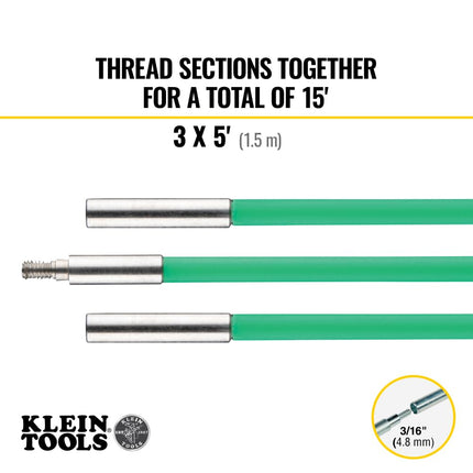 Klein Tools 50159 15-Foot Hi-Flex Glow Fish Rod Set, (3) 5/32-Inch Fiberglass, Adapter, Bullet Nose, Attachments, Splinter Guard Coating