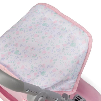 JC Toys - Folding pushchair, for dolls up to 45 cm, ideal for playing and walking, Pink with floral decoration, designed by Berenguer, +3 years