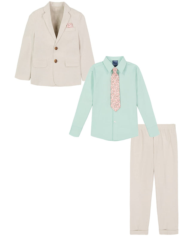 Nautica Boys' 4-Piece Suit Set with Dress Shirt, Tie, Jacket, and Pants Business, Silvered Birch Linen, 8