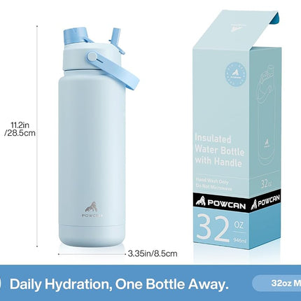 POWCAN 946 ml Insulated Water Bottle, 2-in-1 Straw & Spout Lid, Leakproof, BPA-Free, Double Wall Stainless Steel, Keeps Cold 24H, for Sports, Gym & Travel (Sea Breeze)
