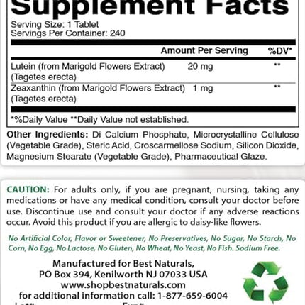 Best Naturals Lutein 20 mg with Zeaxanthin- 240 Tablets