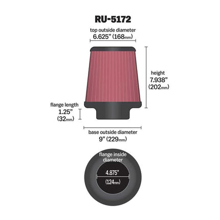 K&N Universal Clamp-On Air Filter: High Performance, Premium, Replacement Engine Filter: Flange Diameter: 4.875 In, Filter Height: 7.9375 In, Flange Length: 1.25 In, Shape: Round Tapered, RU-5172