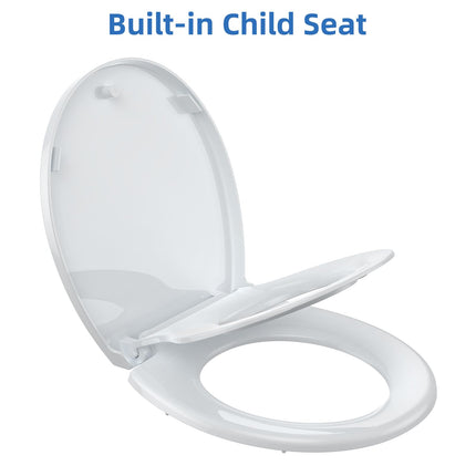 Round Toilet Seat with Toddler Seat Built in, Quick-Attach Hardware with Grip-Tight Bumpers, Quick-Release Design,Slow-Close Toilet Seat, Full Flat White