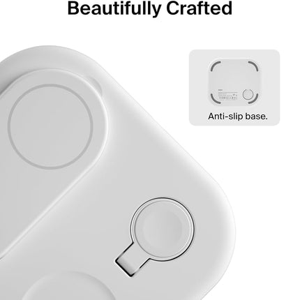Belkin 3-in-1 MagSafe-Compatible iPhone Charger 15W, Foldable Magnetic Qi2-Certified Wireless Charging Station for iPhone 16, Apple Watch Series 10, AirPods 4, and More, w/Non-Slip Base & PSU - White