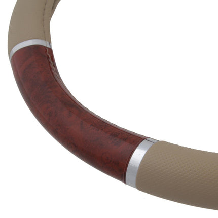 BDK Cubre Volante de Coche de Imitación Grano de Madera Oscura, Estándar de 15 pulgadas con Agarre de Piel Sintética Beige, Hecho para Adaptarse a la Mayoría de Coches, Camiones, Furgonetas, SUV