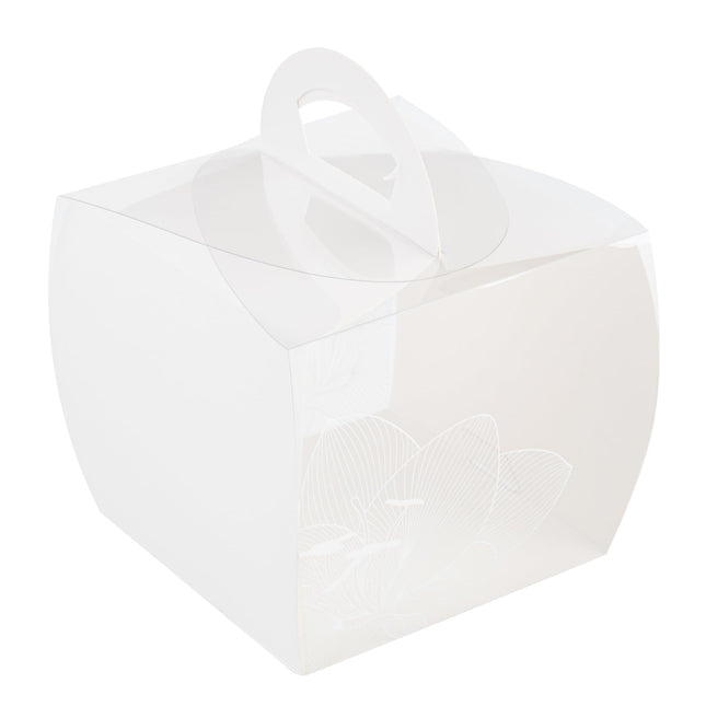 Restaurantware-4 Inch x 4.25 Inch Individual Cupcake Boxes, 100 Disposable Cupcake Display Boxes - with Handle, Lotus Accent, Clear Plastic Single Cupcake Containers, for Weddings Or Birthdays