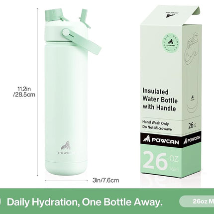 POWCAN 768 ml Insulated Water Bottle with 2-in-1 Straw and Spout Lid, Keep Cold 24H, Leak-Proof, Fits in Car Cup Holder, Stainless Steel Water Bottle for Sports, Travel, and School (Mint)