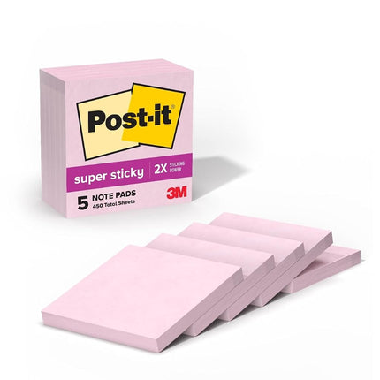 Post-it Super Sticky Notes, 5 Sticky Note Pads, 3 x 3 in., School Supplies, Office Products, Sticky Notes for Vertical Surfaces, Monitors, Walls and Windows,Pink SaltQ