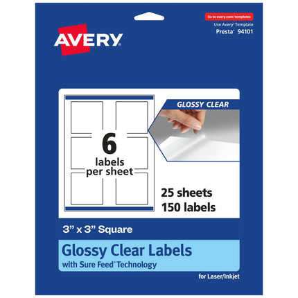 Avery Glossy Clear Square Labels with Sure Feed, Print to The Edge, 3" x 3", 150 Glossy Clear Labels (36526)
