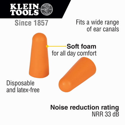 Klein Tools 6054050 Foam Earplugs, 33dB Noise Reduction Rating, Disposable Soft Foam Design, Latex Free, Dispensing Box, Orange, 50-Pair