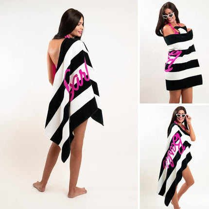 Franco Barbie Movie Black & White Striped Soft Cotton Bath/Pool/Beach Towel, 60 in x 30 in, (100% Officially Licensed Barbie Product) Collectibles