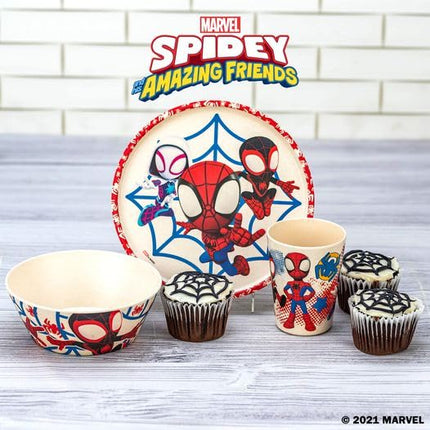 Zak Designs Marvel Spider-Man Vajilla para niños Incluye plato de 20 cm, tazón de 15 cm y vaso de 295 ml, Material de bambú melamina duradero y sostenible (Juego de 3 piezas, Spidey y sus sorprendentes amigos)