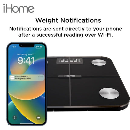 iHome Digital WiFi Smart Scale for Body Weight, Weight Scale with 14 Indicators, Including BMI, Body Fat, Muscle Mass, Batteries Included (Black Smart WiFi)