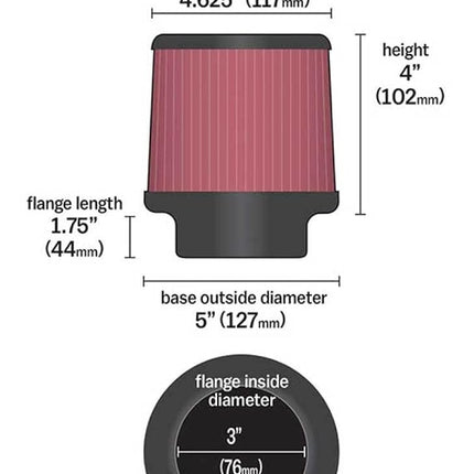 K&N Universal Clamp-On Air Filter: High Performance, Premium, Washable, Replacement Filter: Flange Diameter: 3 In, Filter Height: 4 In, Flange Length: 1.75 In, Shape: Round Tapered, RU-3700