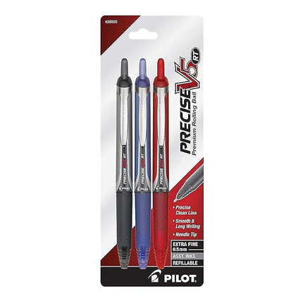 PILOT Precise V5 RT Refillable & Retractable Liquid Ink Rolling Ball Pens, Extra Fine Point (0.5mm) Black/Blue/Red Inks, 3-Pack (26053)