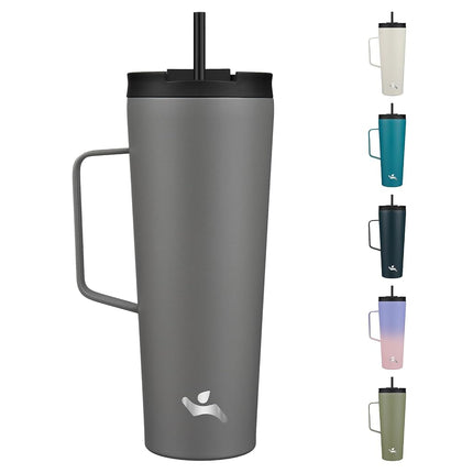 Konokyo Insulated Tumbler with Handle and Straw, 26 OZ Travel Coffee Mug Stainless Steel Cup Metal Water Bottle,Grey
