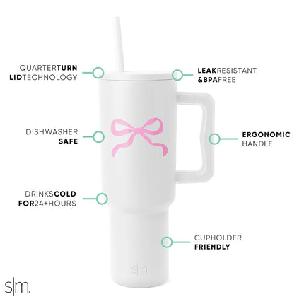 Simple Modern 40 oz Tumbler with Handle and Straw Lid | Insulated Reusable Stainless Steel Water Bottle Travel Mug Cupholder Friendly | Gift for Women Men | Trek Collection | Bows on White