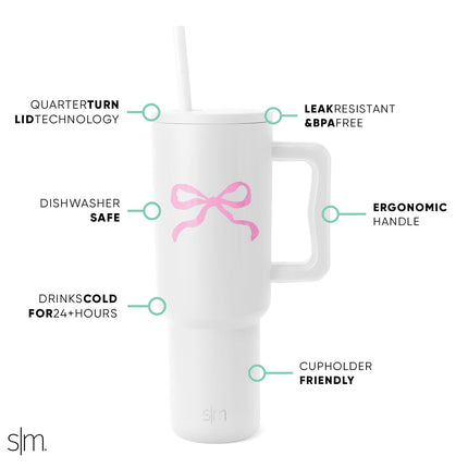 Simple Modern 40 oz Tumbler with Handle and Straw Lid | Insulated Reusable Stainless Steel Water Bottle Travel Mug Cupholder Friendly | Gift for Women Men | Trek Collection | Bows on White