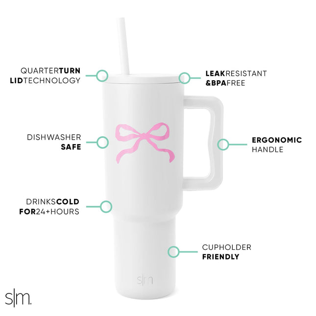 Simple Modern 40 oz Tumbler with Handle and Straw Lid | Insulated Reusable Stainless Steel Water Bottle Travel Mug Cupholder Friendly | Gift for Women Men | Trek Collection | Bows on White